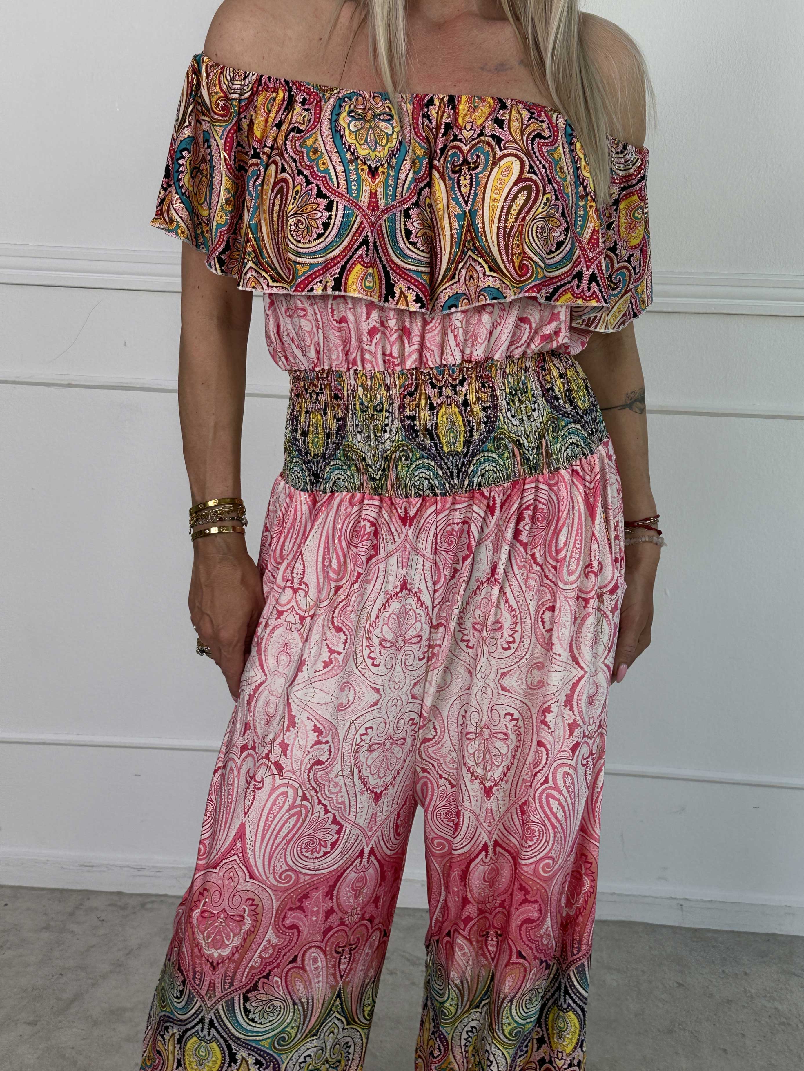 Pams Paisley Frill Jumpsuit - Elastisk buksedragt med smock og flæse